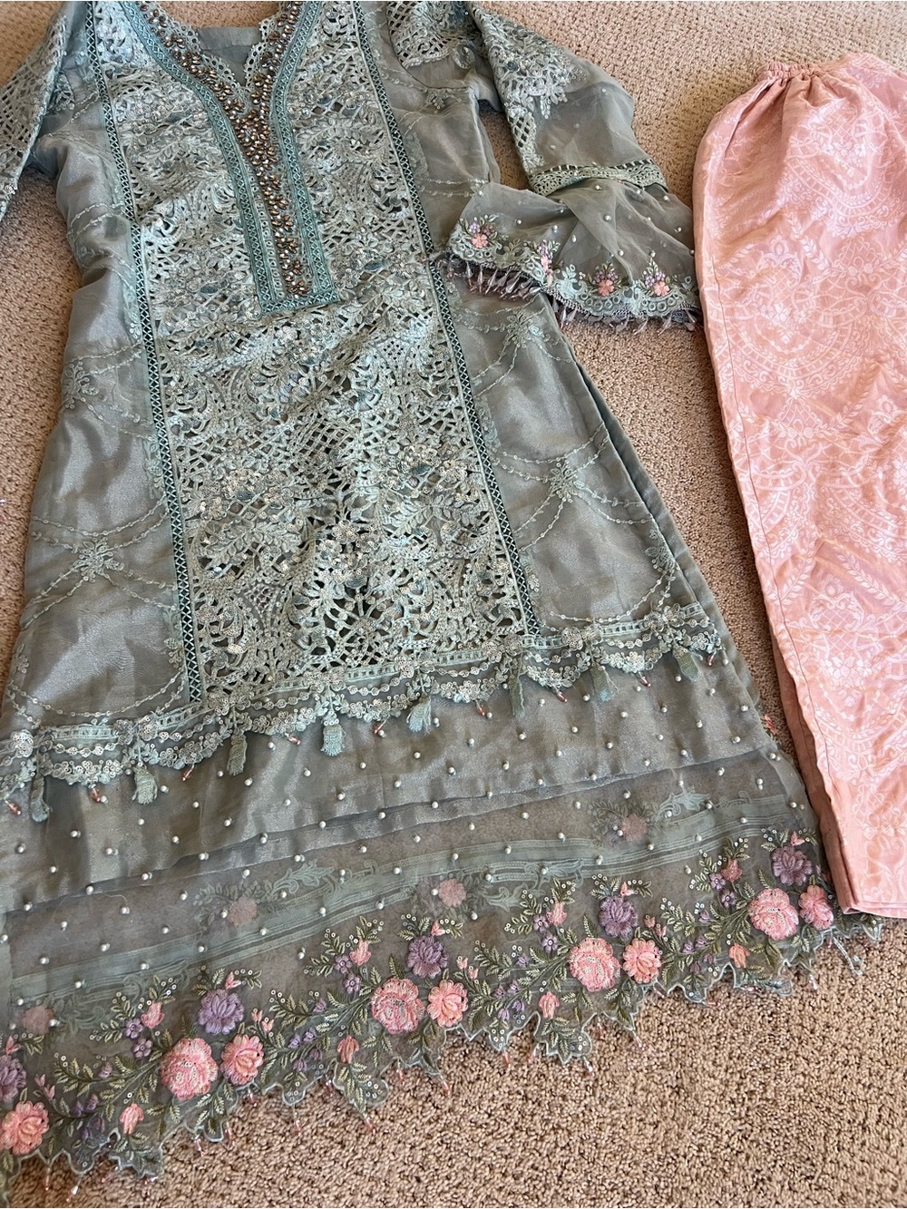 Embroidered Sage Green suit with embroidery 2 piece Indian Pakistani dress